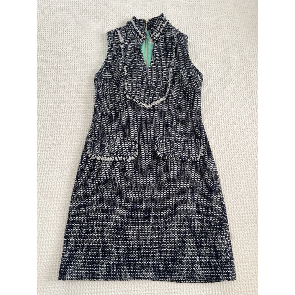 Sail‎ To Sable STS Navy Sleeveless V-Neck Tweed Fringe Trim Shift Dress Sz 00